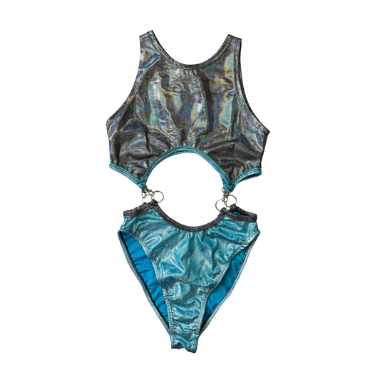 EOS SALE - silver/blue holo o-ring bodysuit