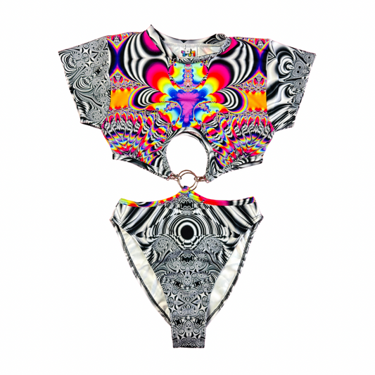 Psyhibit - Rack sale - Zzayonaraa print o-ring bodysuit (sizes S & M)
