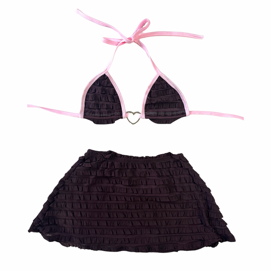 SEPTEMBER - pink & brown ruffle skirt set (Size S)